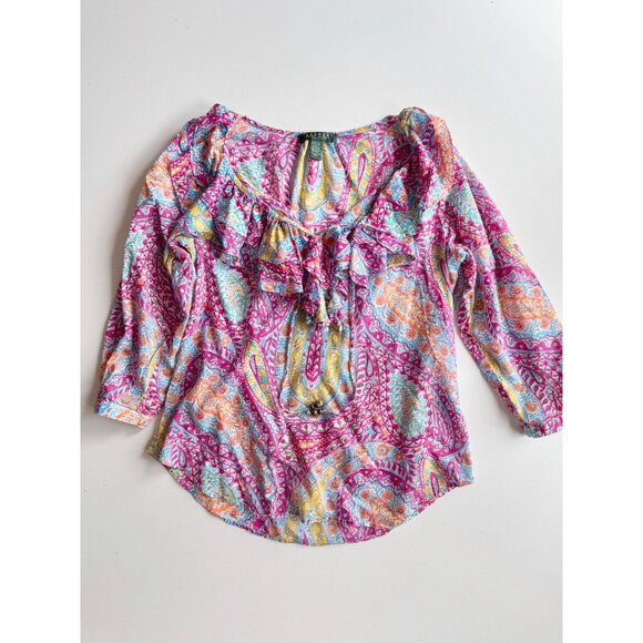 LAUREN RALPH LAUREN Pink Paisley Cotton Voile V-Neck Ruffle Blouse, Size M - Picture 5 of 16